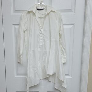 ZARA White Asymmetrical Button-Up Shirt DRESS